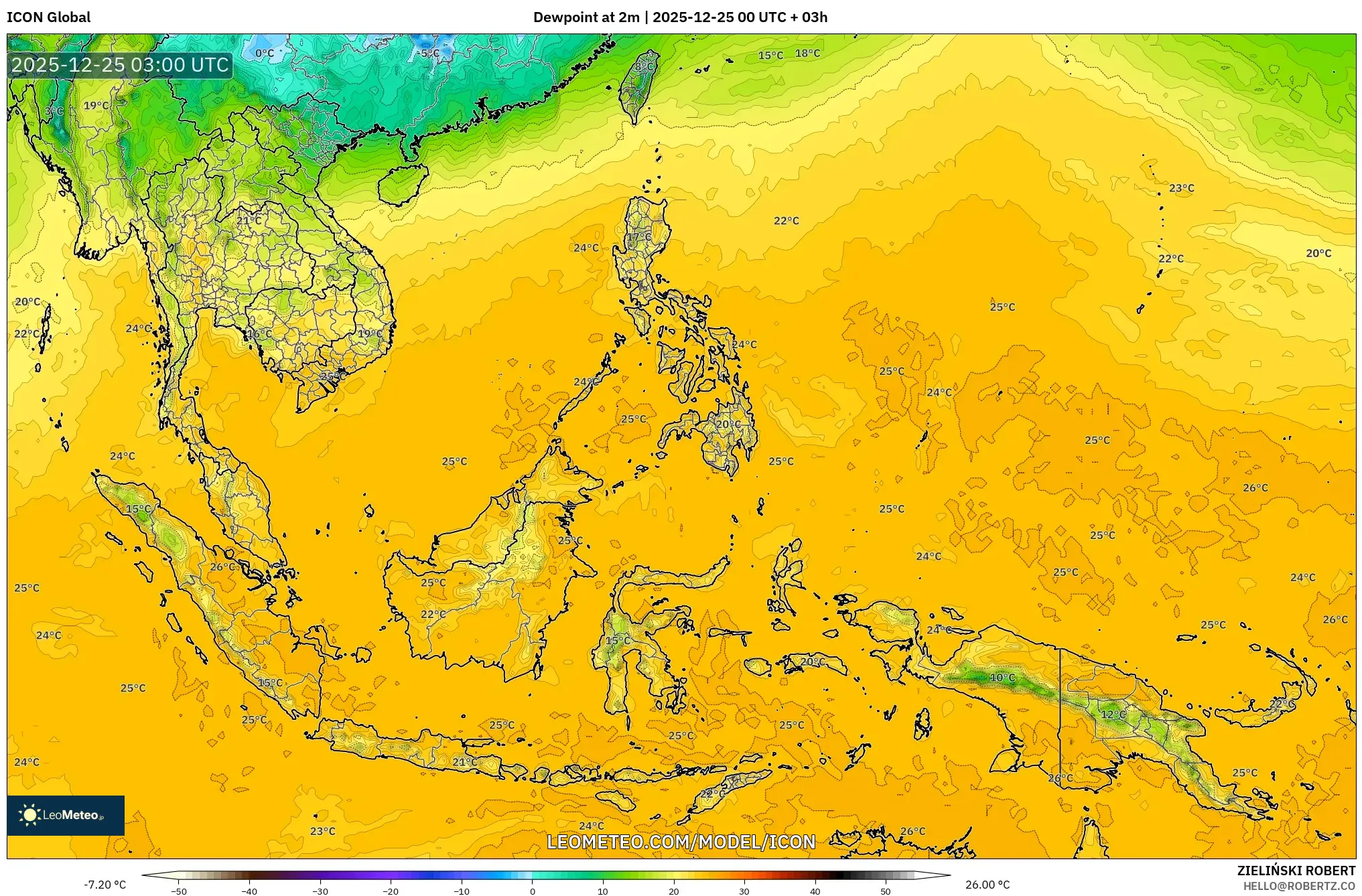 ICON model - South East Asia, Dewpoint at 2m