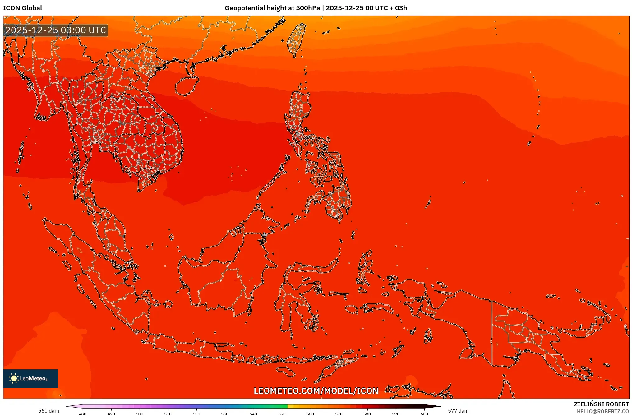 ICON model - South East Asia, Geopotential height at 500hPa