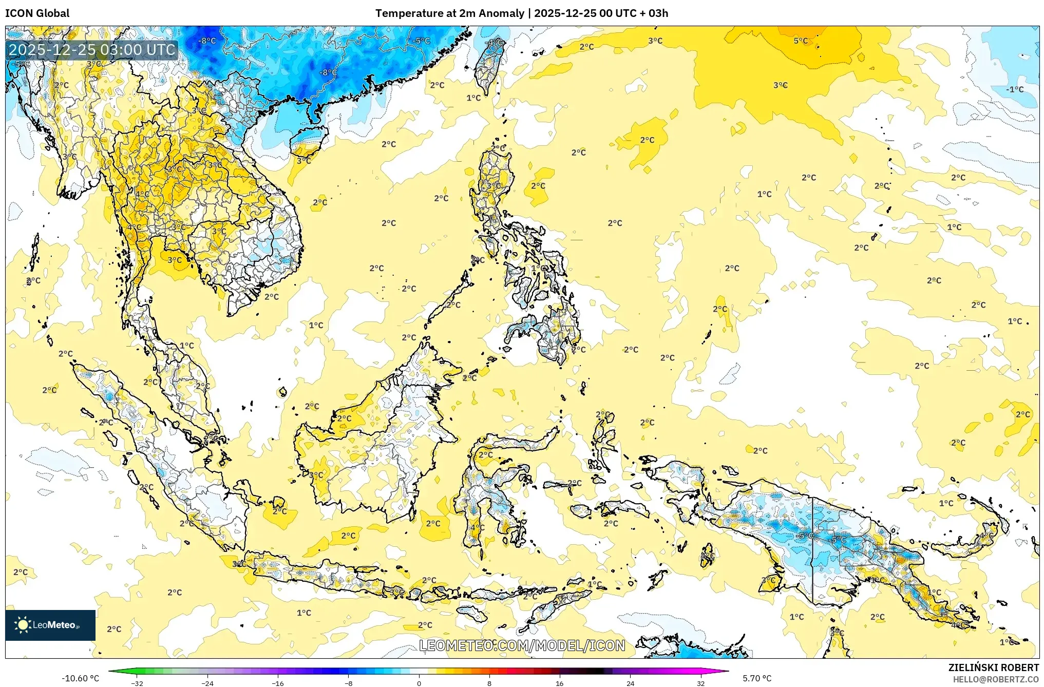 ICON model - South East Asia, Temperature at 2m Anomaly