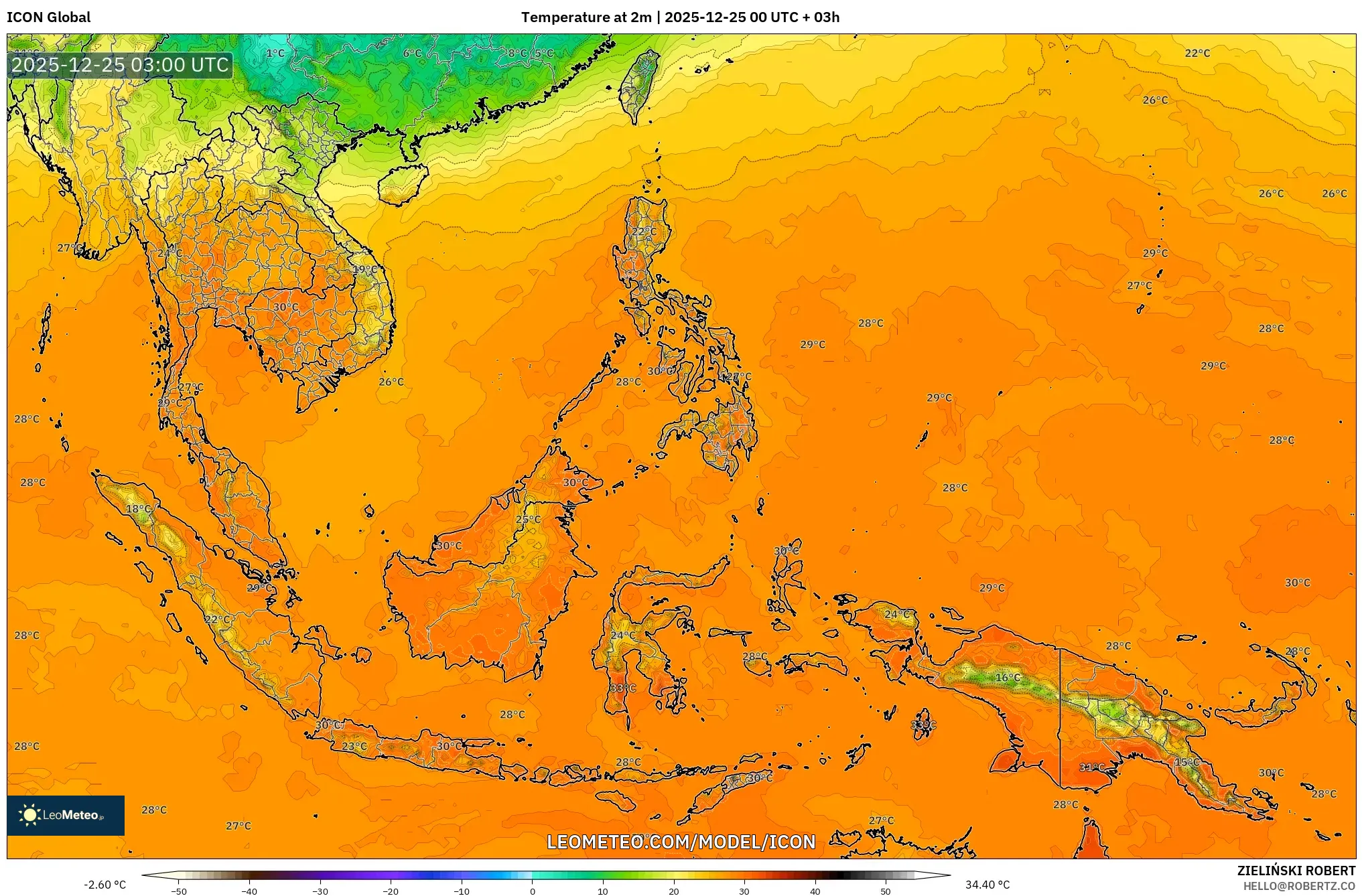 ICON model - South East Asia, Temperature at 2m