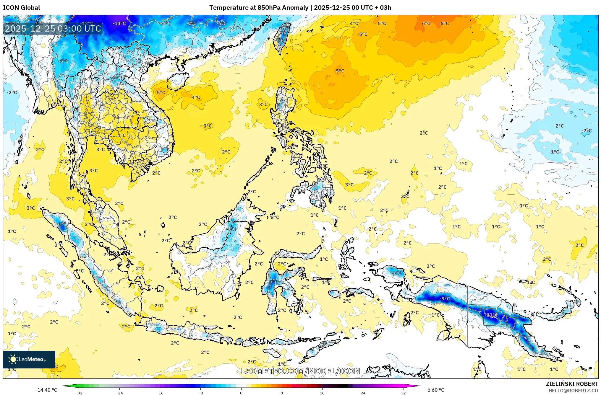 ICON model - South East Asia, Temperature at 850hPa Anomaly