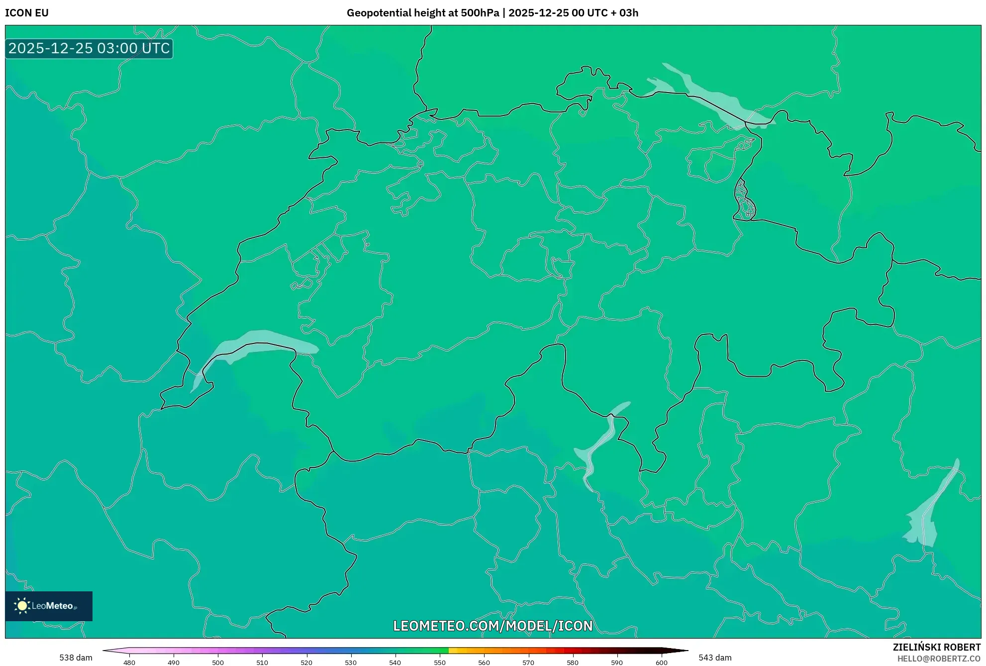 ICON model - Switzerland, Geopotential height at 500hPa