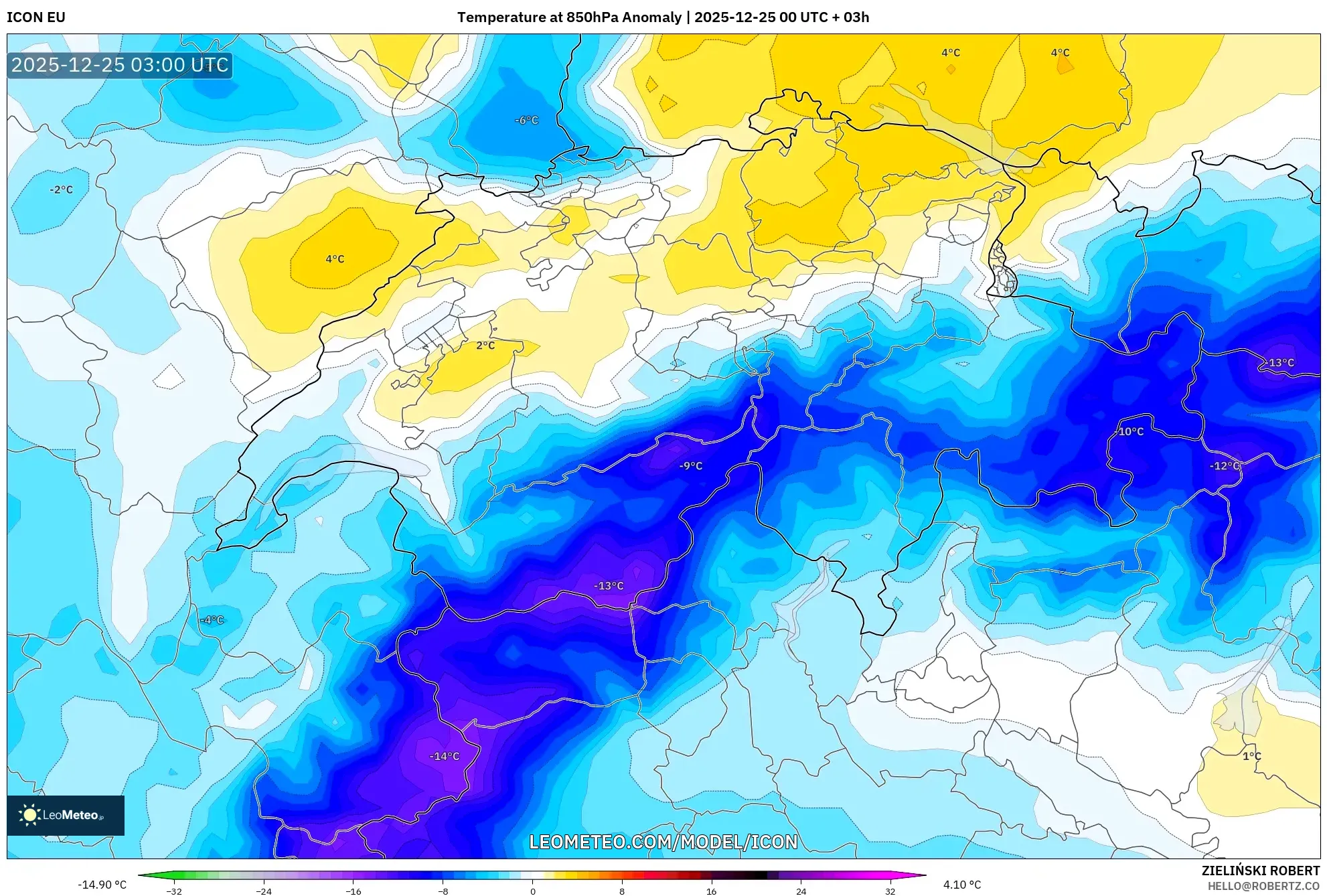 ICON model - Switzerland, Temperature at 850hPa Anomaly