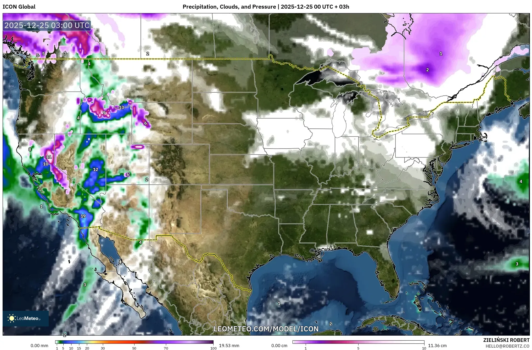 ICON model - United States, Precipitation, Clouds, and Pressure