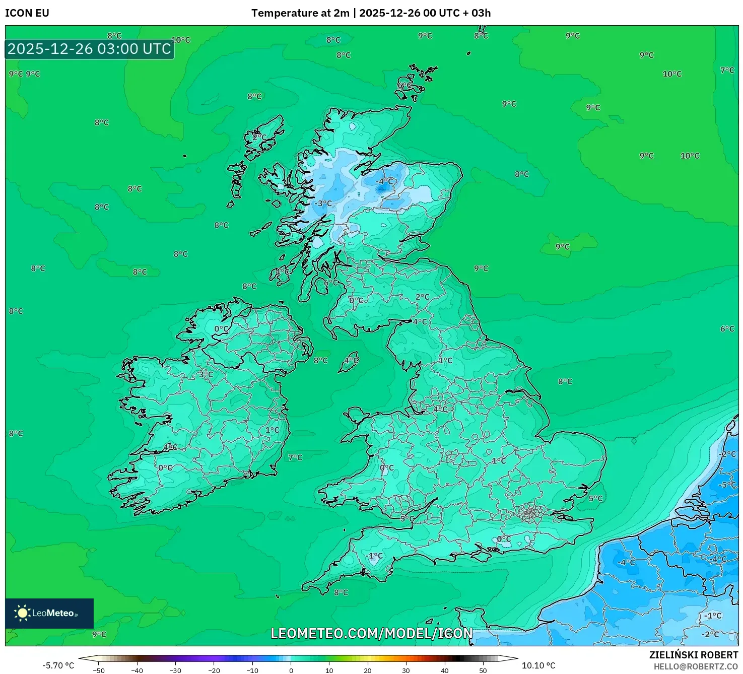 ICON model - United Kingdom, Temperature at 2m