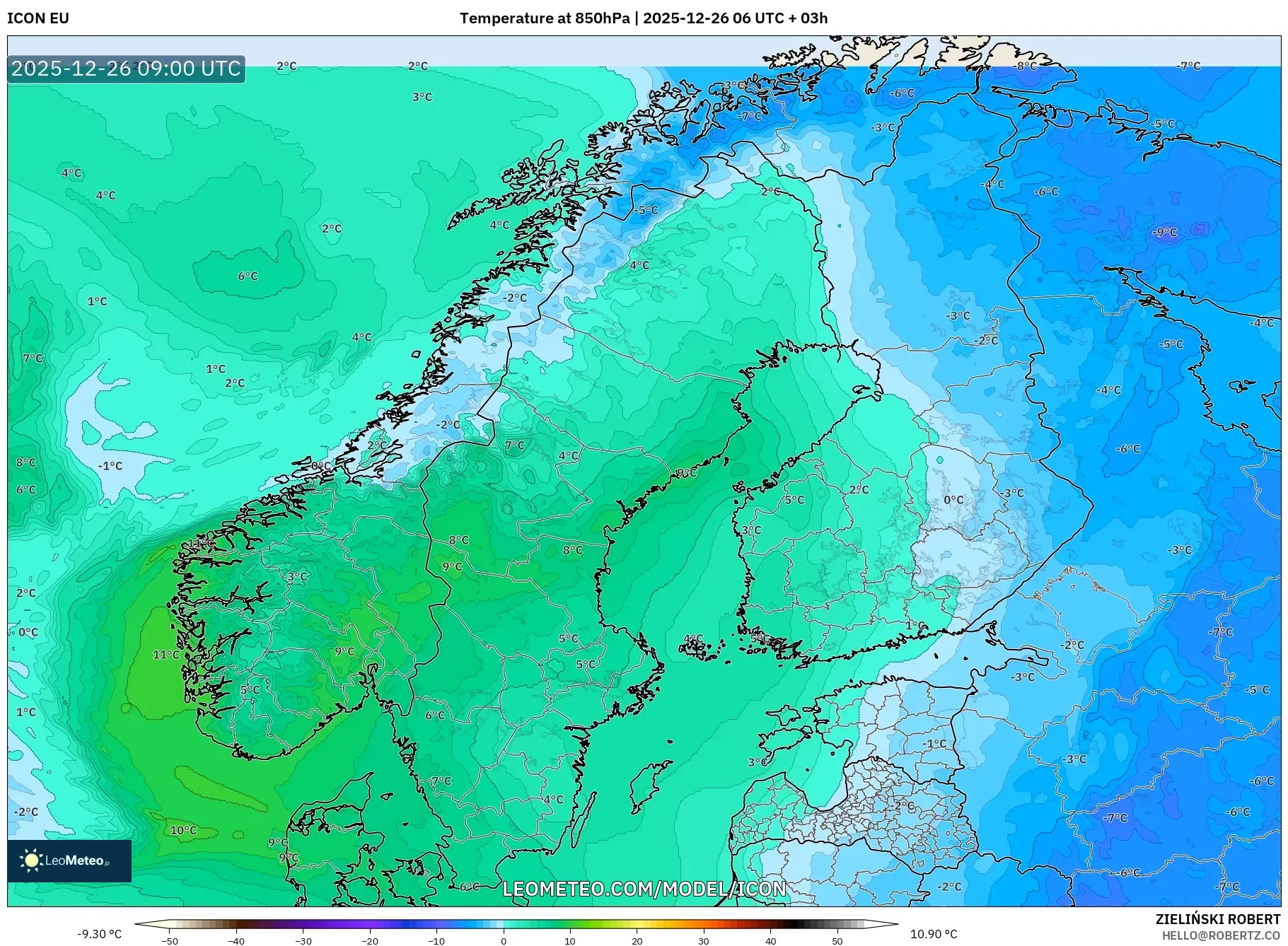 ICON model - Scandinavia, Temperature at 850hPa