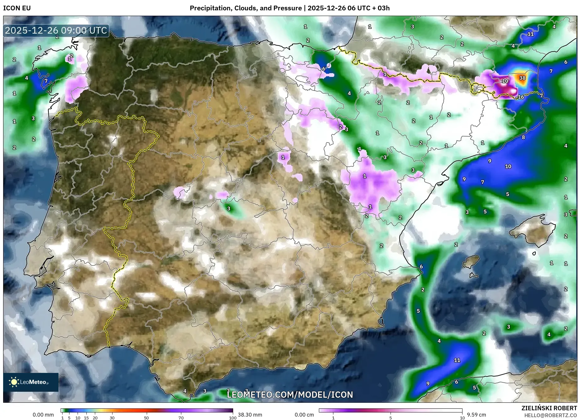 ICON model - Spain, Precipitation, Clouds, and Pressure