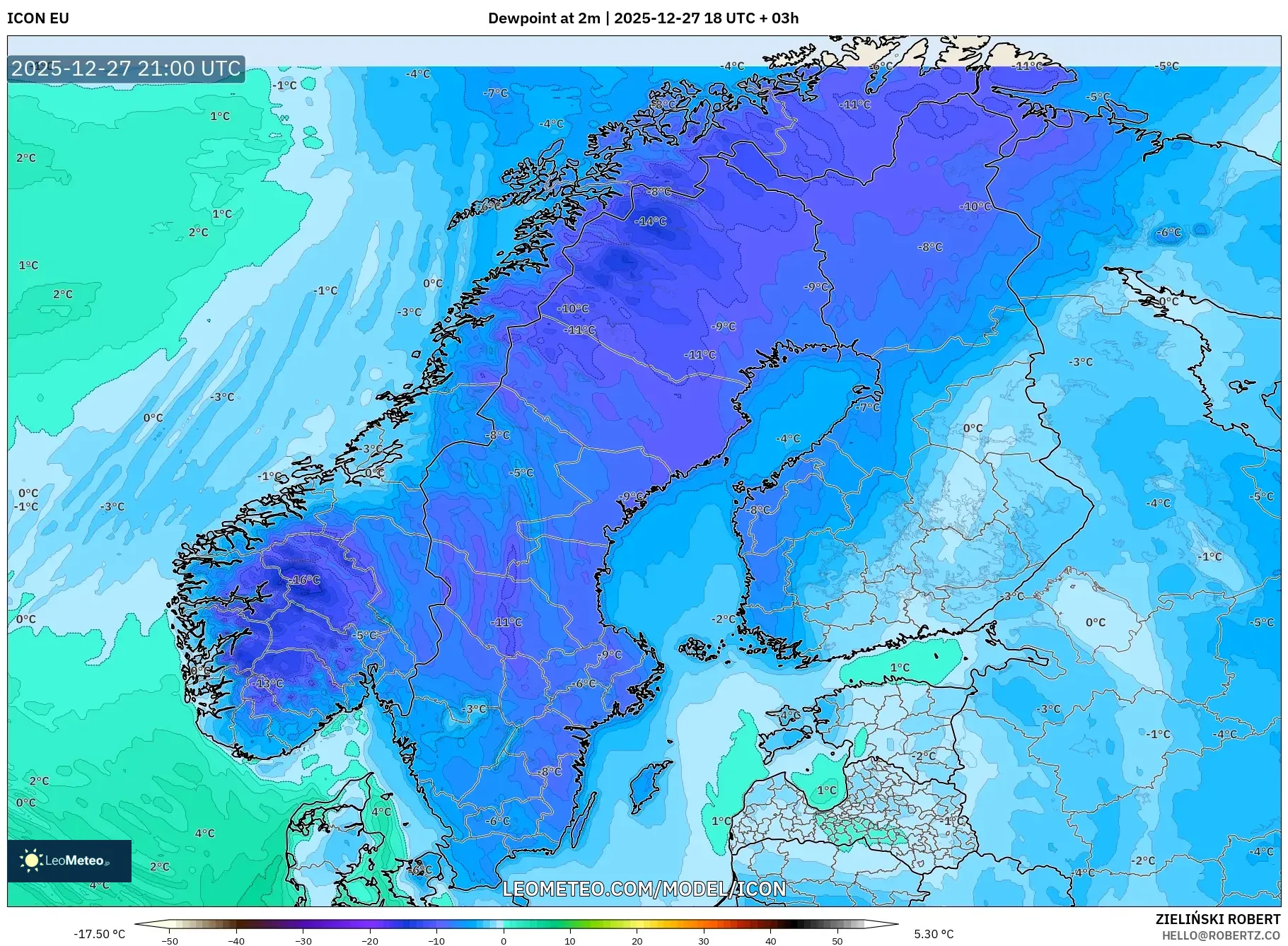 ICON model - Scandinavia, Dewpoint at 2m