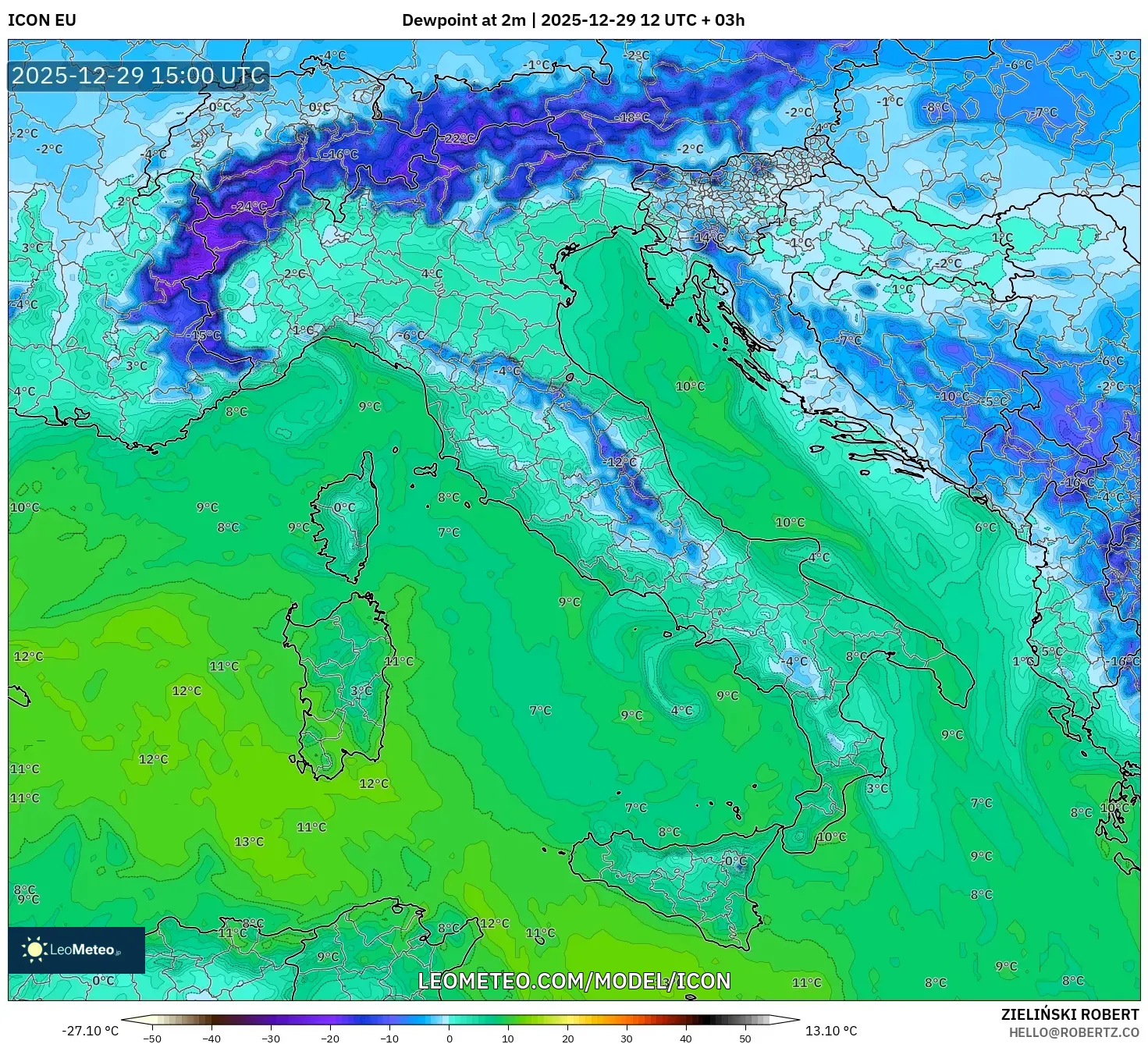 ICON model - Italy, Dewpoint at 2m