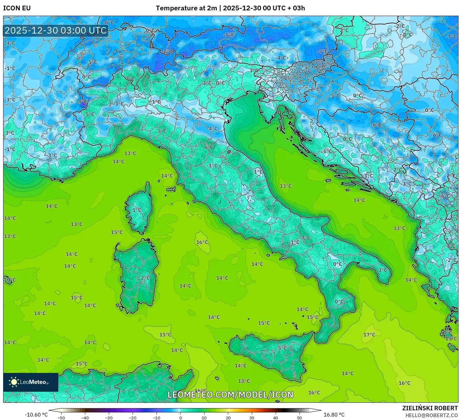 ICON model - Italy, Temperature at 2m