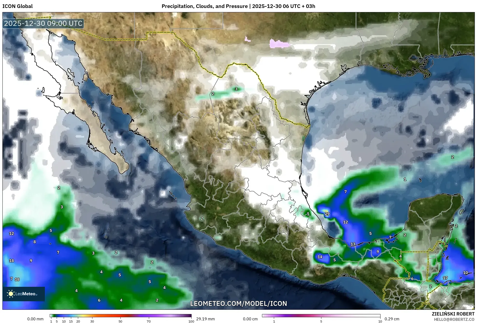 ICON model - Mexico, Precipitation, Clouds, and Pressure