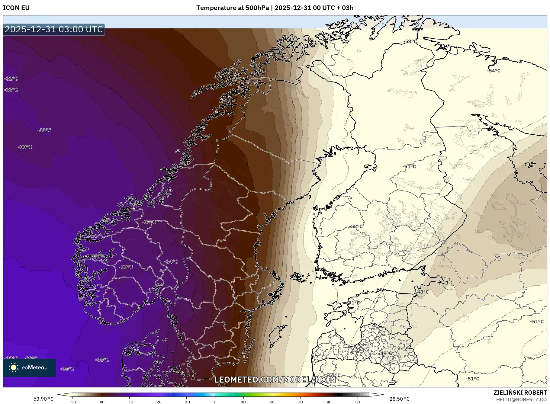 ICON model - Scandinavia, Temperature at 500hPa