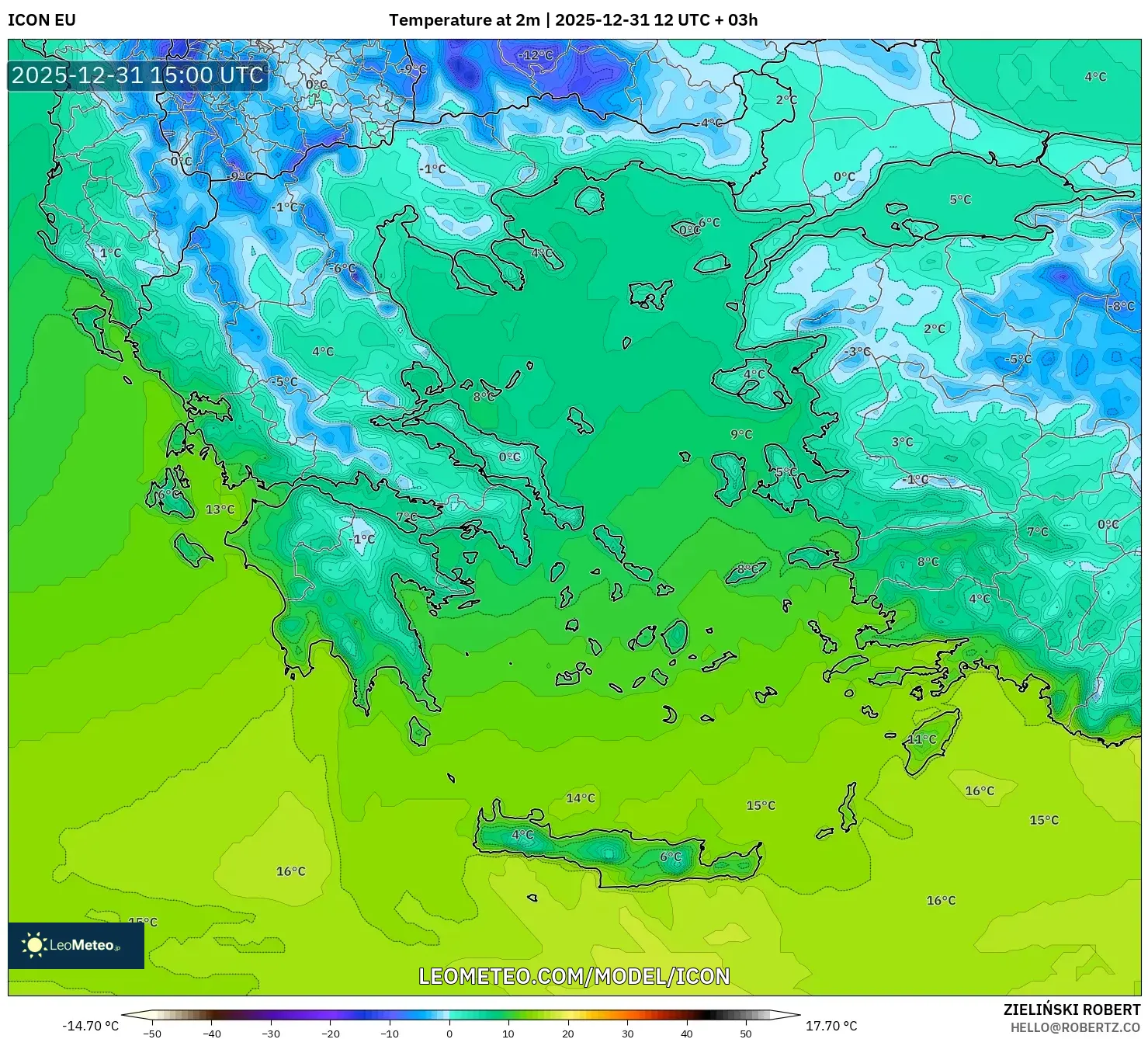 ICON model - Greece, Temperature at 2m