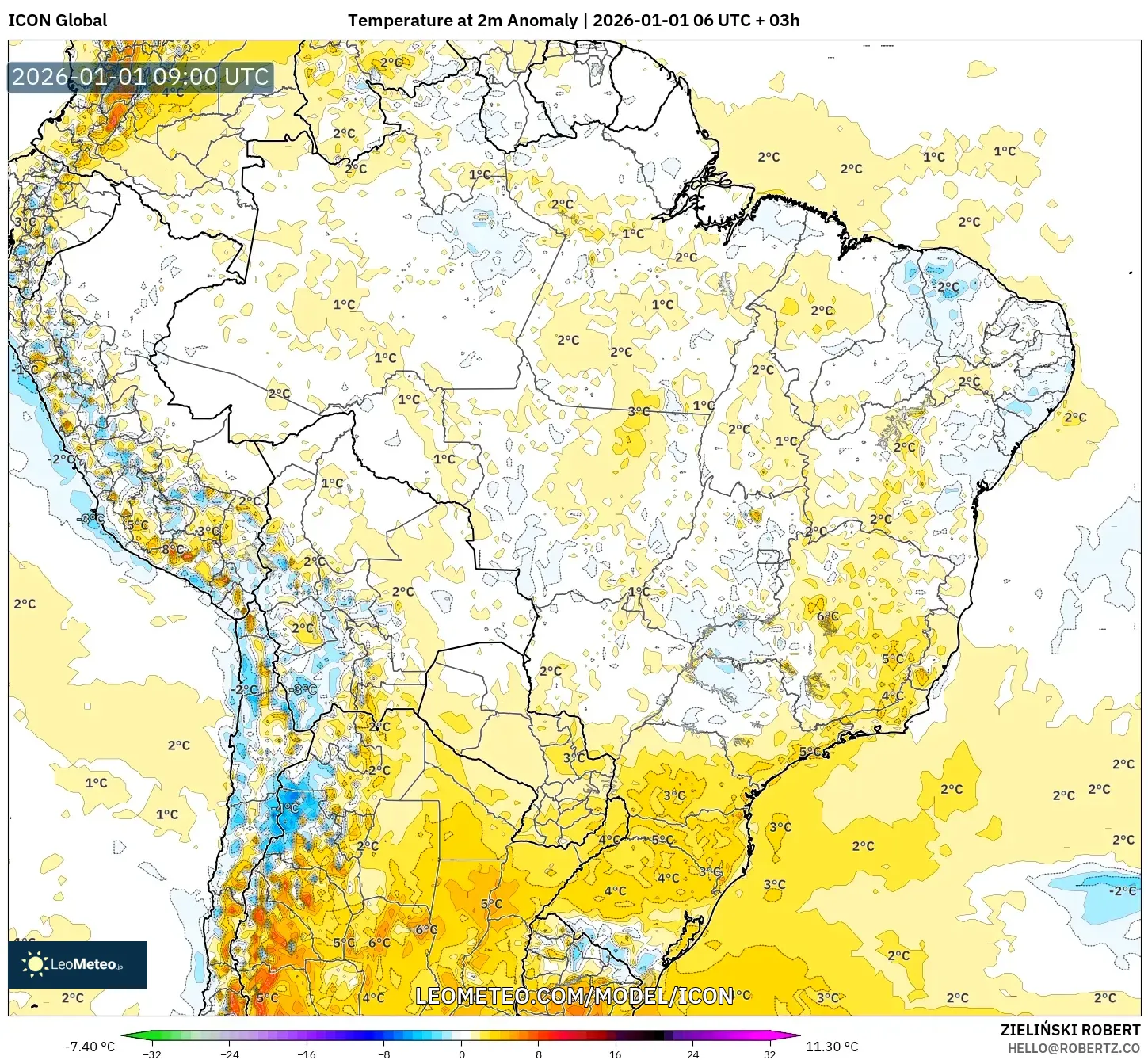 ICON model - Brazil, Temperature at 2m Anomaly