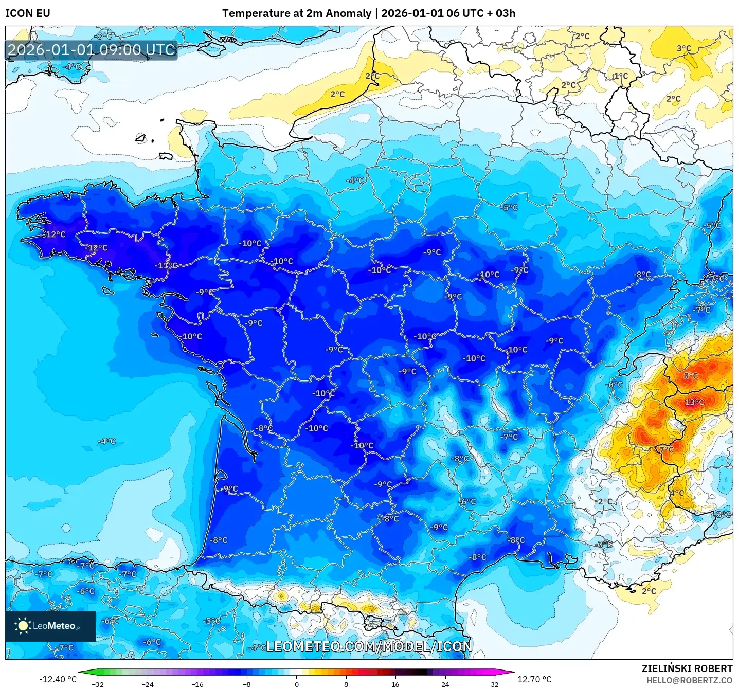 ICON model - France, Temperature at 2m Anomaly