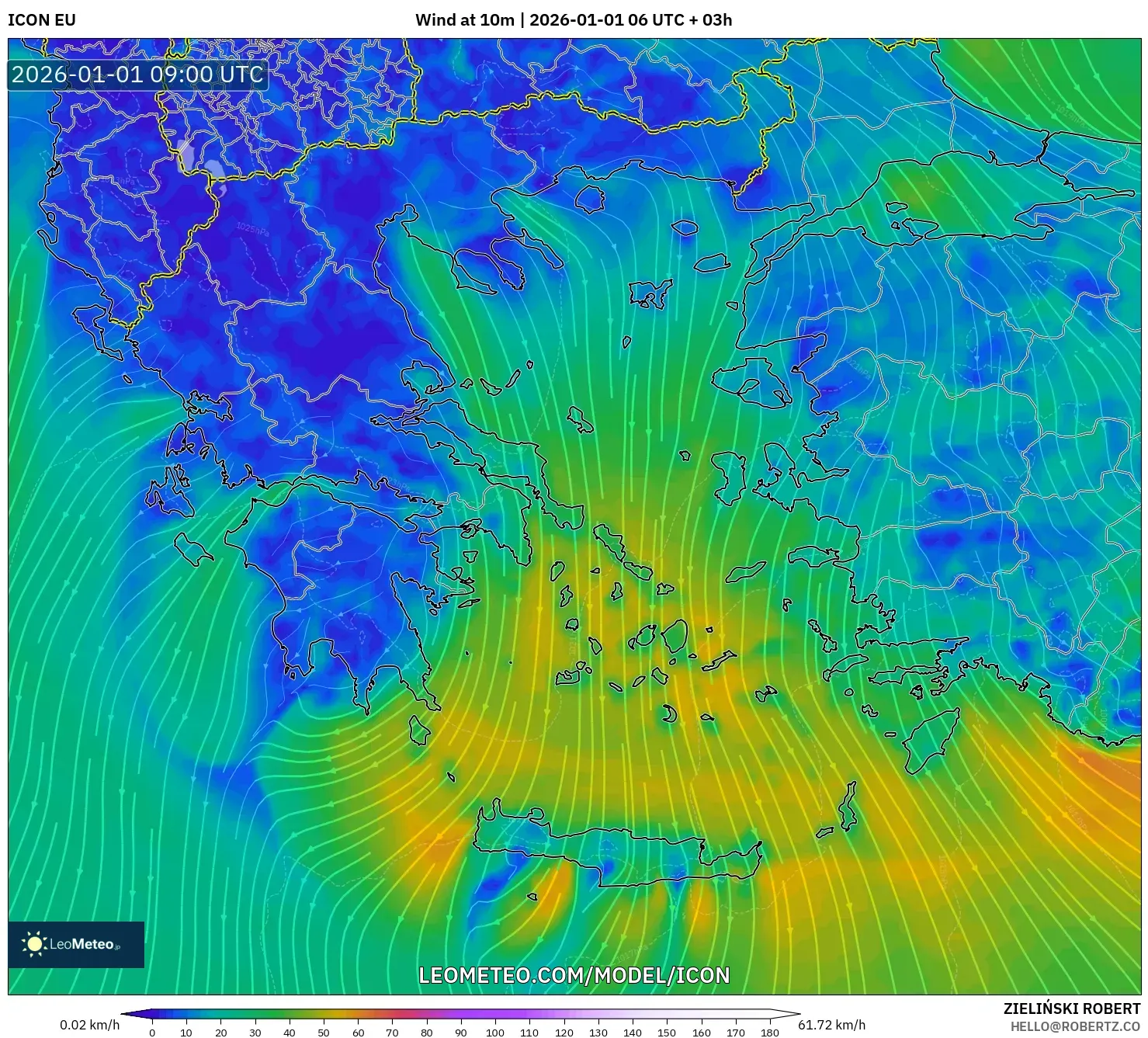 ICON model - Greece, Wind at 10m