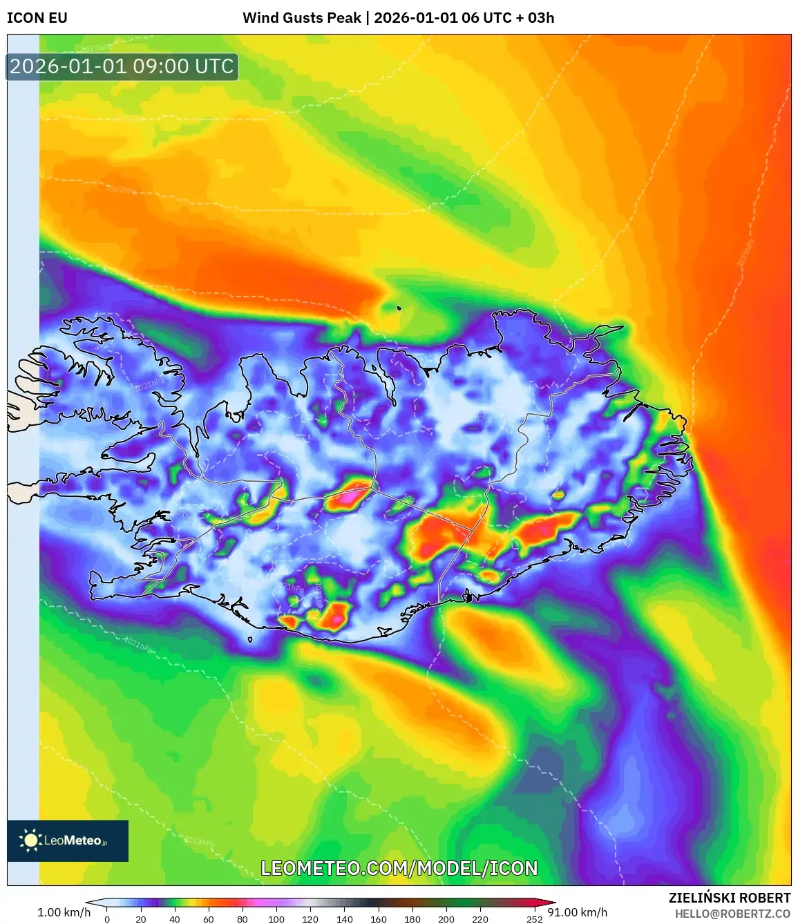 ICON model - Iceland, Wind Gusts Peak