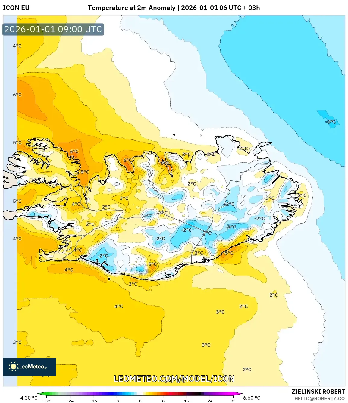 ICON model - Iceland, Temperature at 2m Anomaly