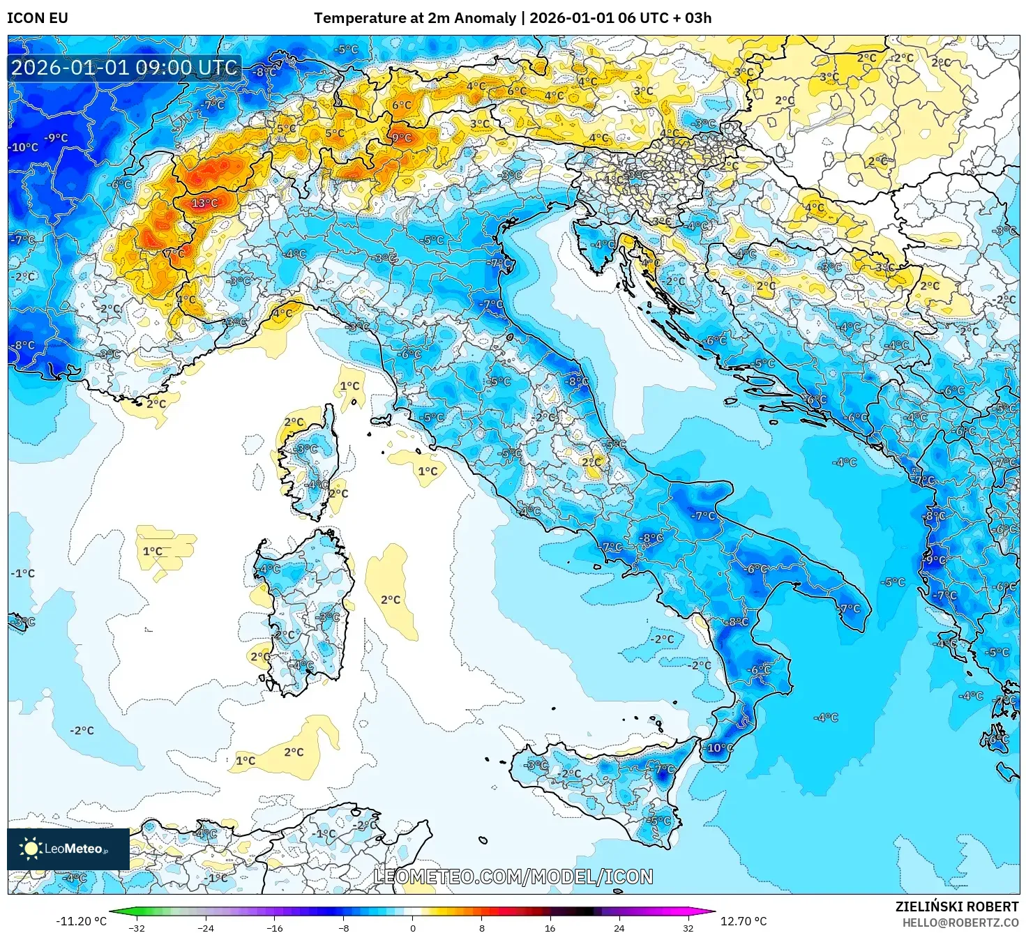 ICON model - Italy, Temperature at 2m Anomaly