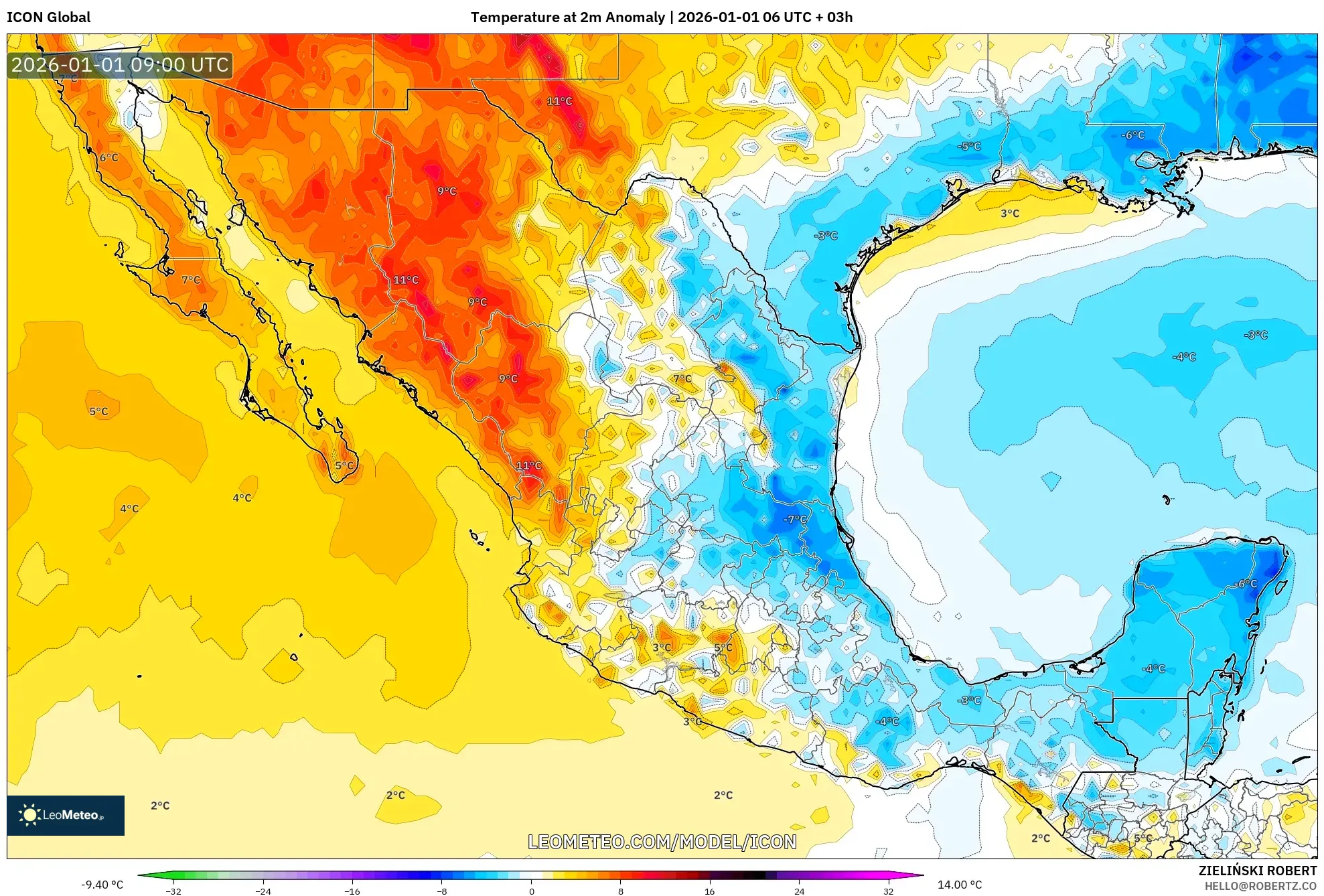 ICON model - Mexico, Temperature at 2m Anomaly