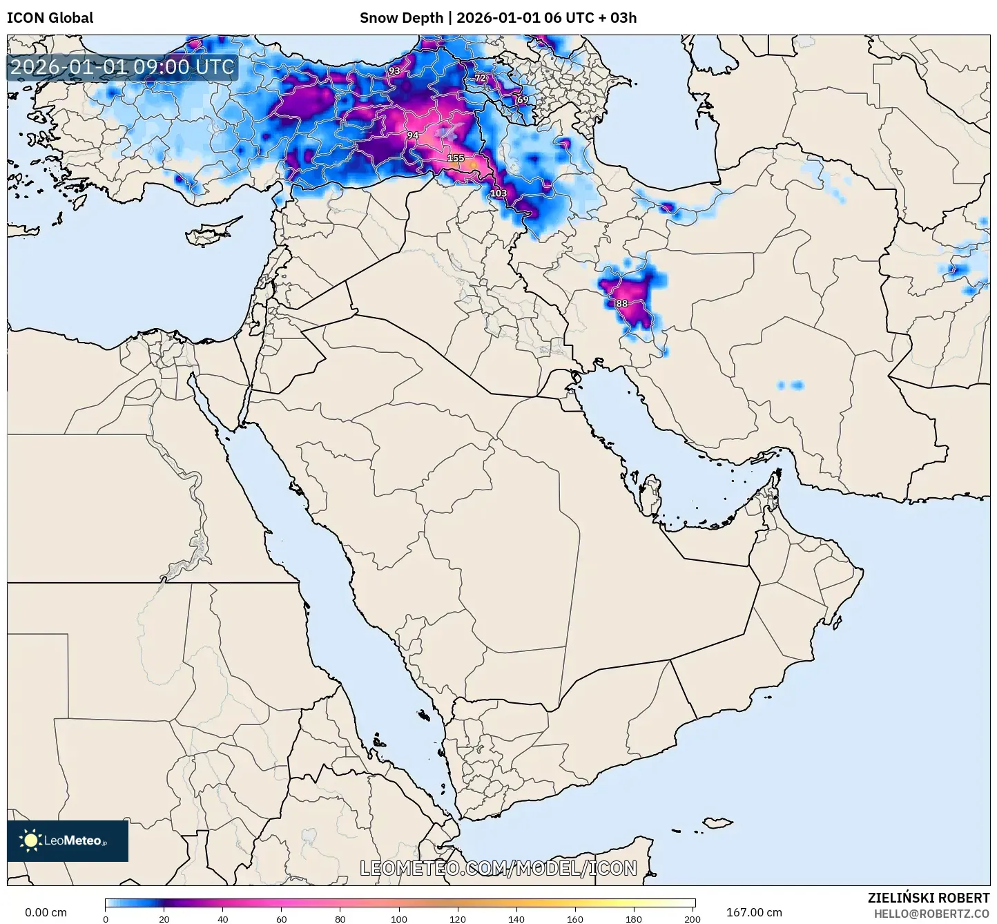 ICON model - Middle East, Snow Depth