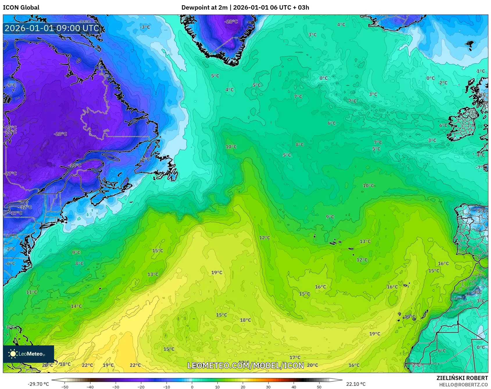 ICON model - North Atlantic, Dewpoint at 2m