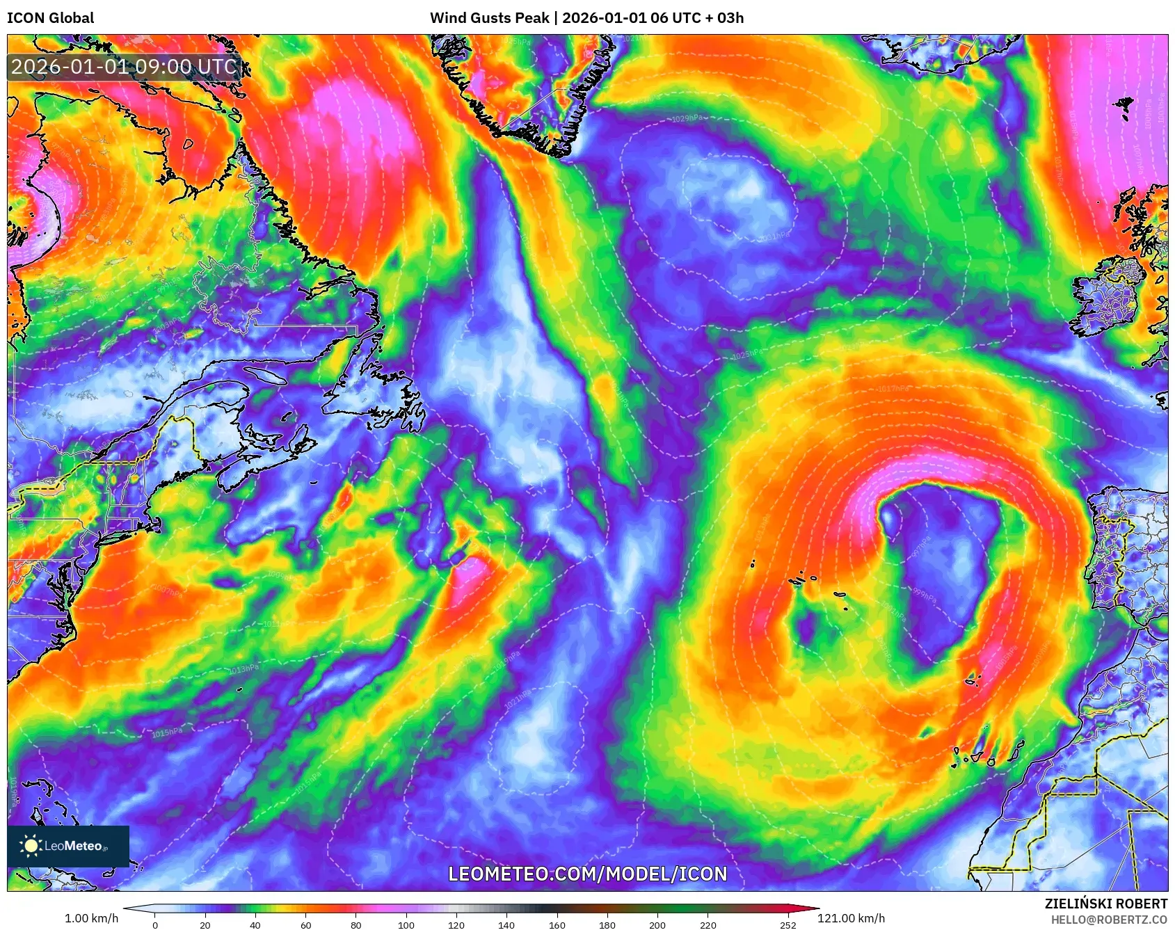 ICON model - North Atlantic, Wind Gusts Peak