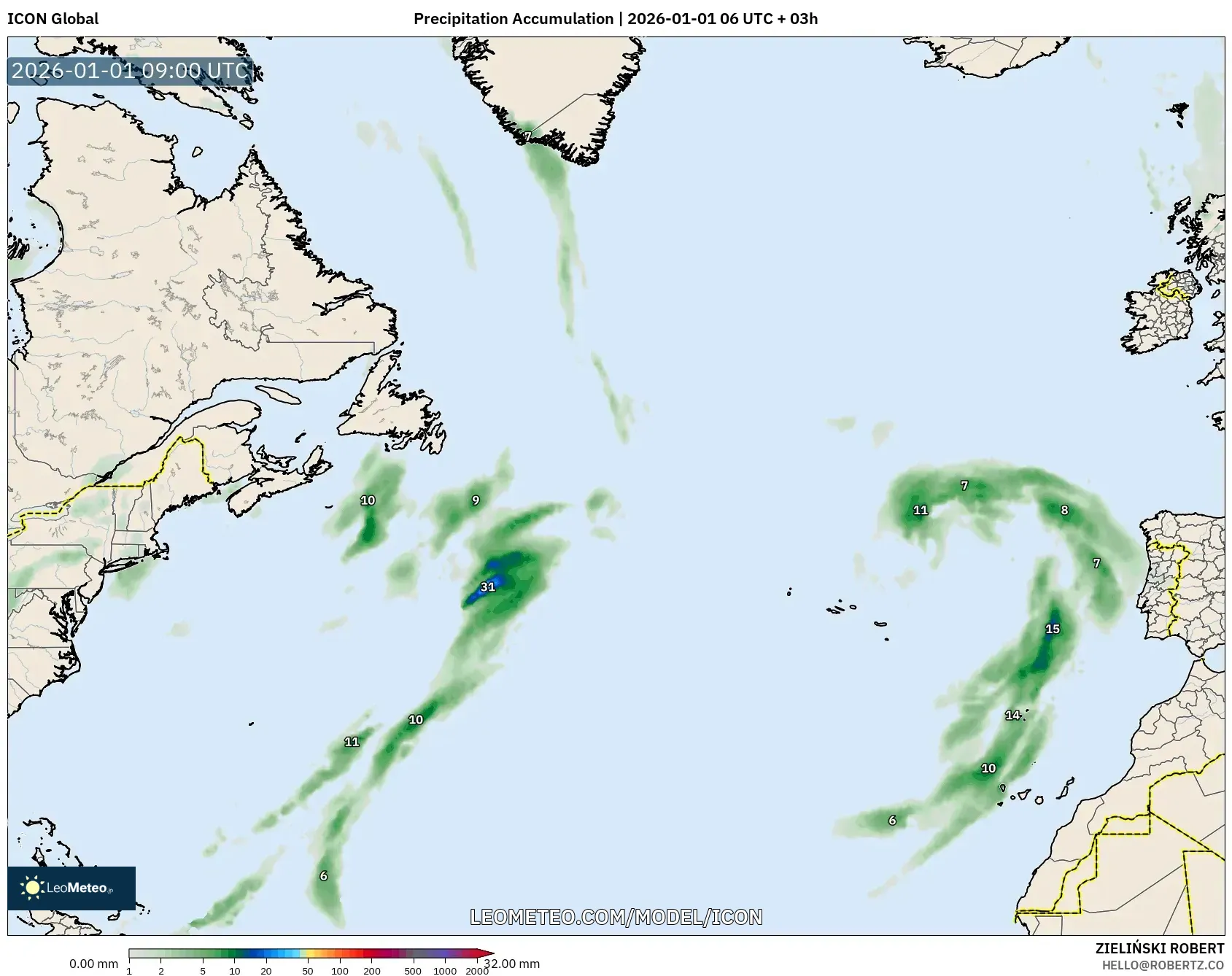 ICON model - North Atlantic, Precipitation Accumulation