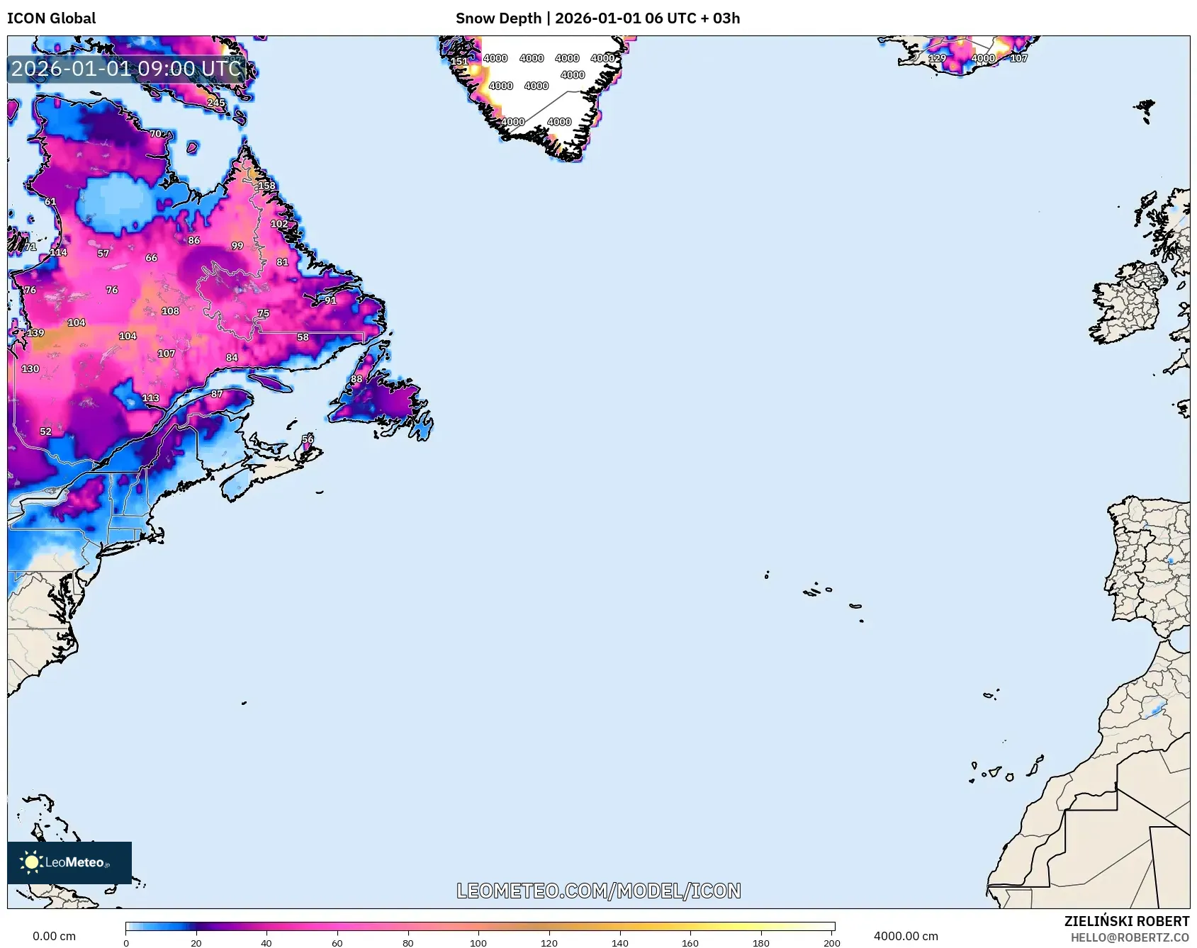 ICON model - North Atlantic, Snow Depth