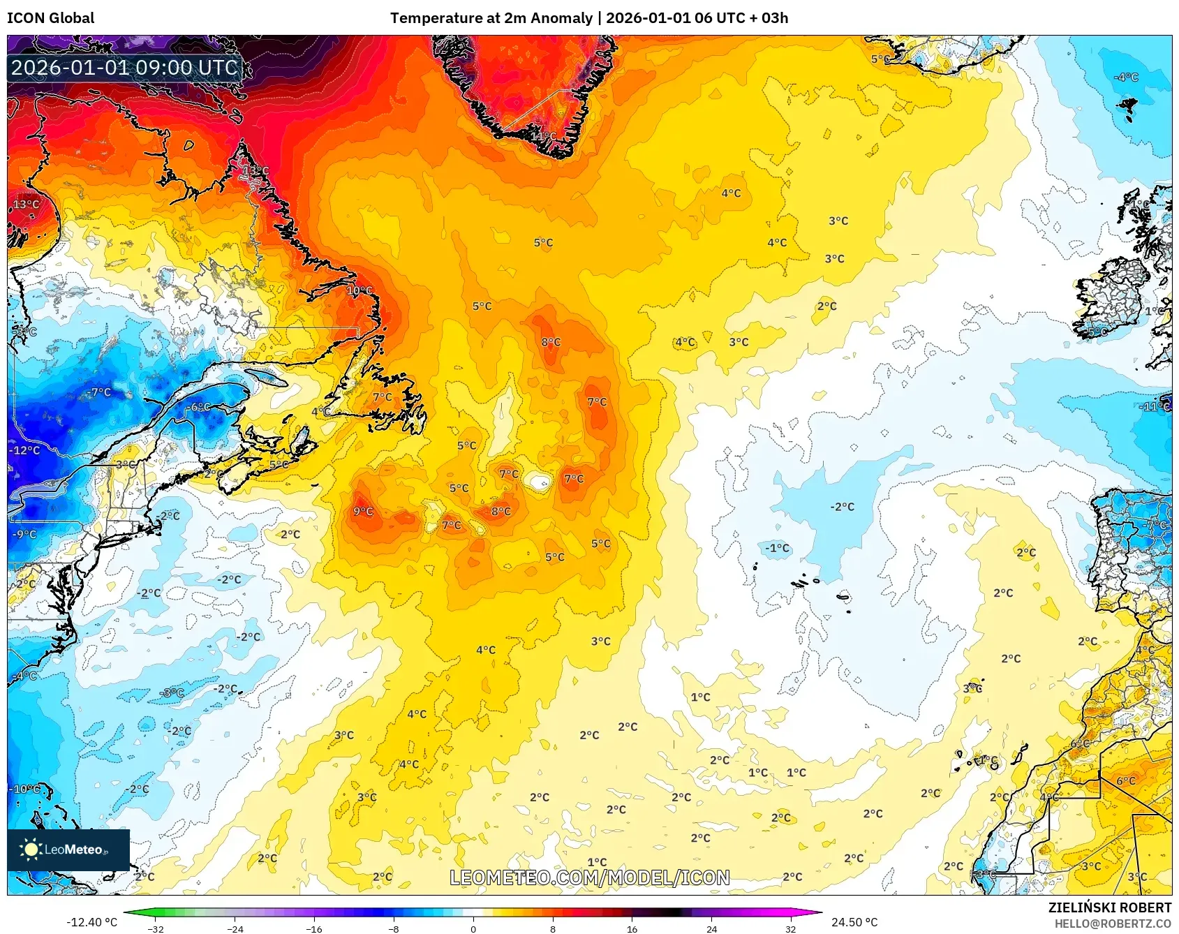 ICON model - North Atlantic, Temperature at 2m Anomaly