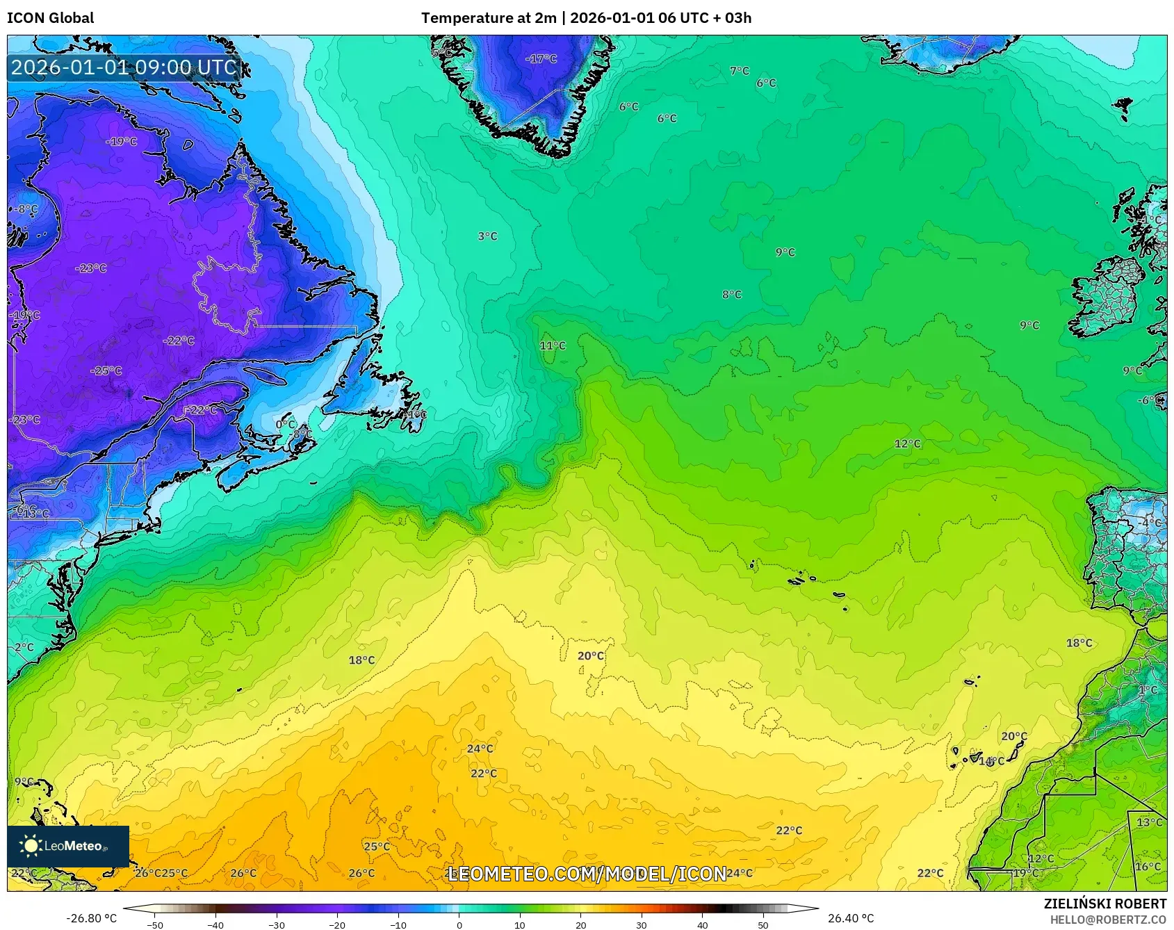 ICON model - North Atlantic, Temperature at 2m