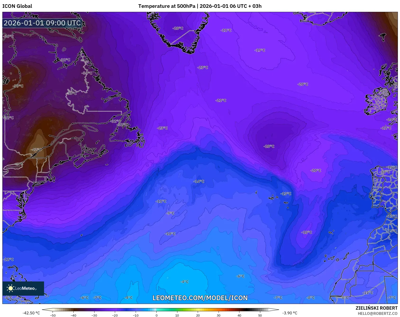 ICON model - North Atlantic, Temperature at 500hPa