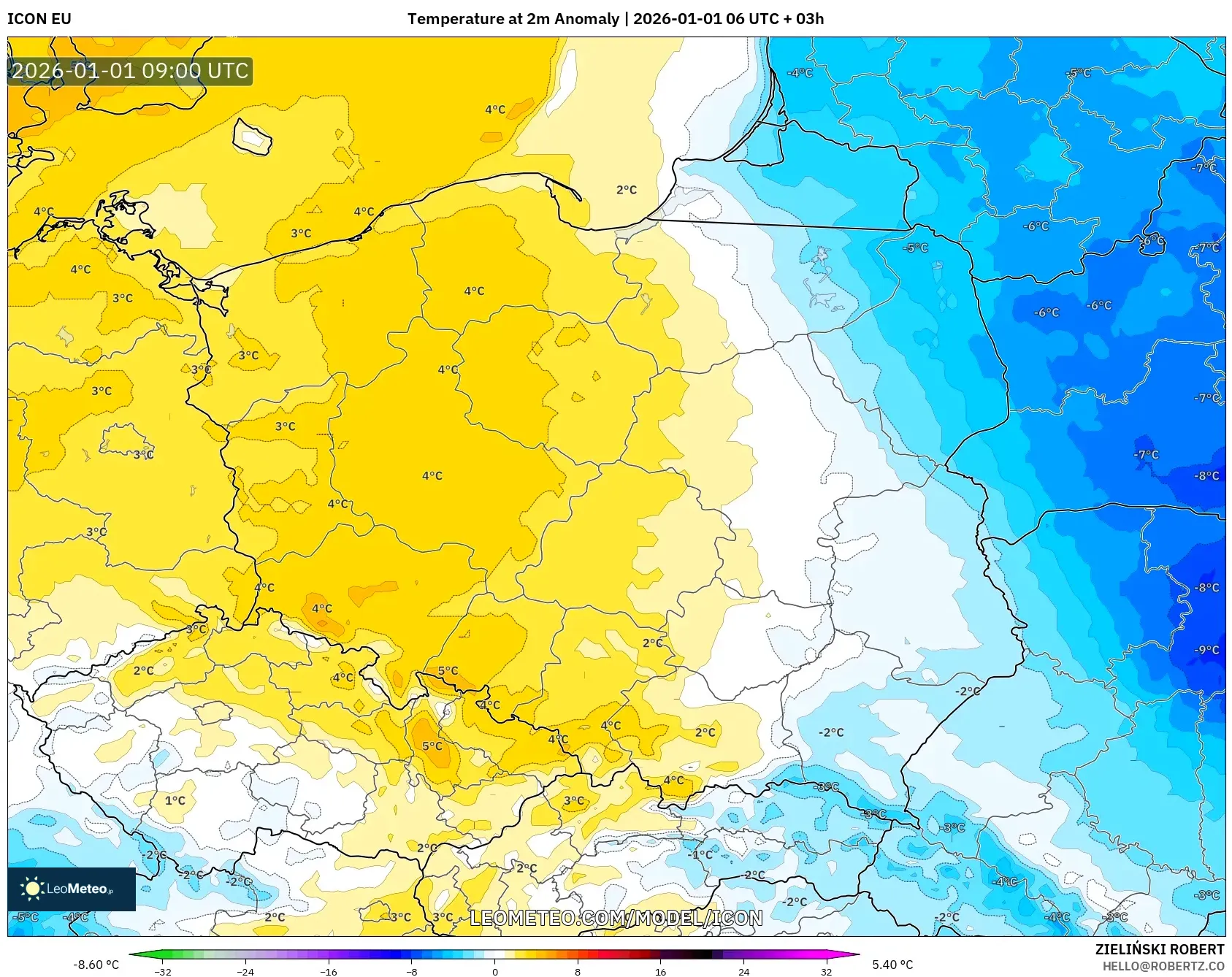 ICON model - Poland, Temperature at 2m Anomaly