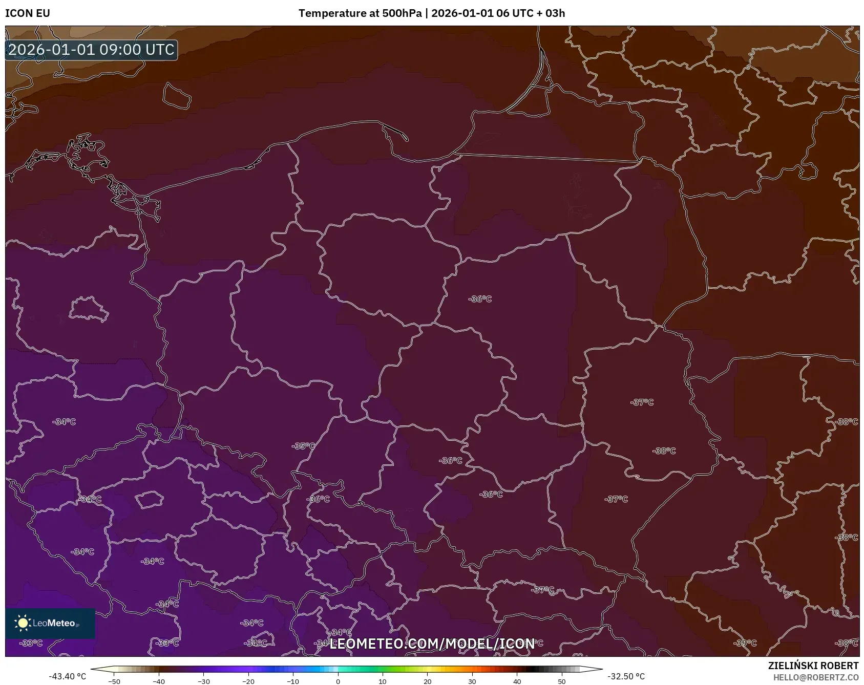 ICON model - Poland, Temperature at 500hPa