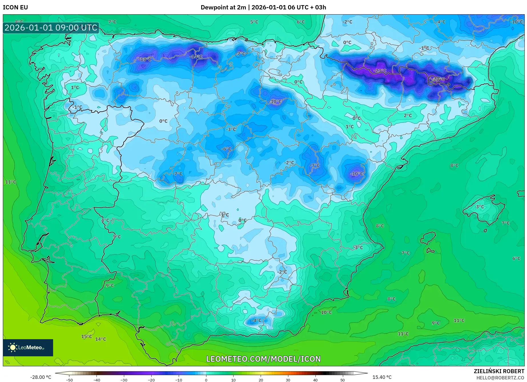 ICON model - Spain, Dewpoint at 2m