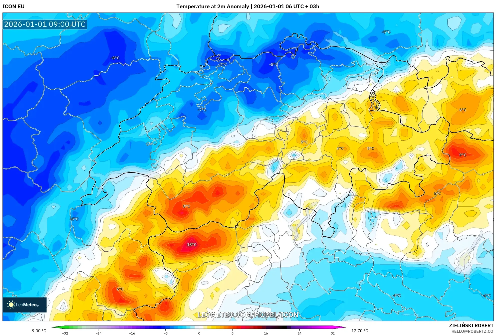 ICON model - Switzerland, Temperature at 2m Anomaly