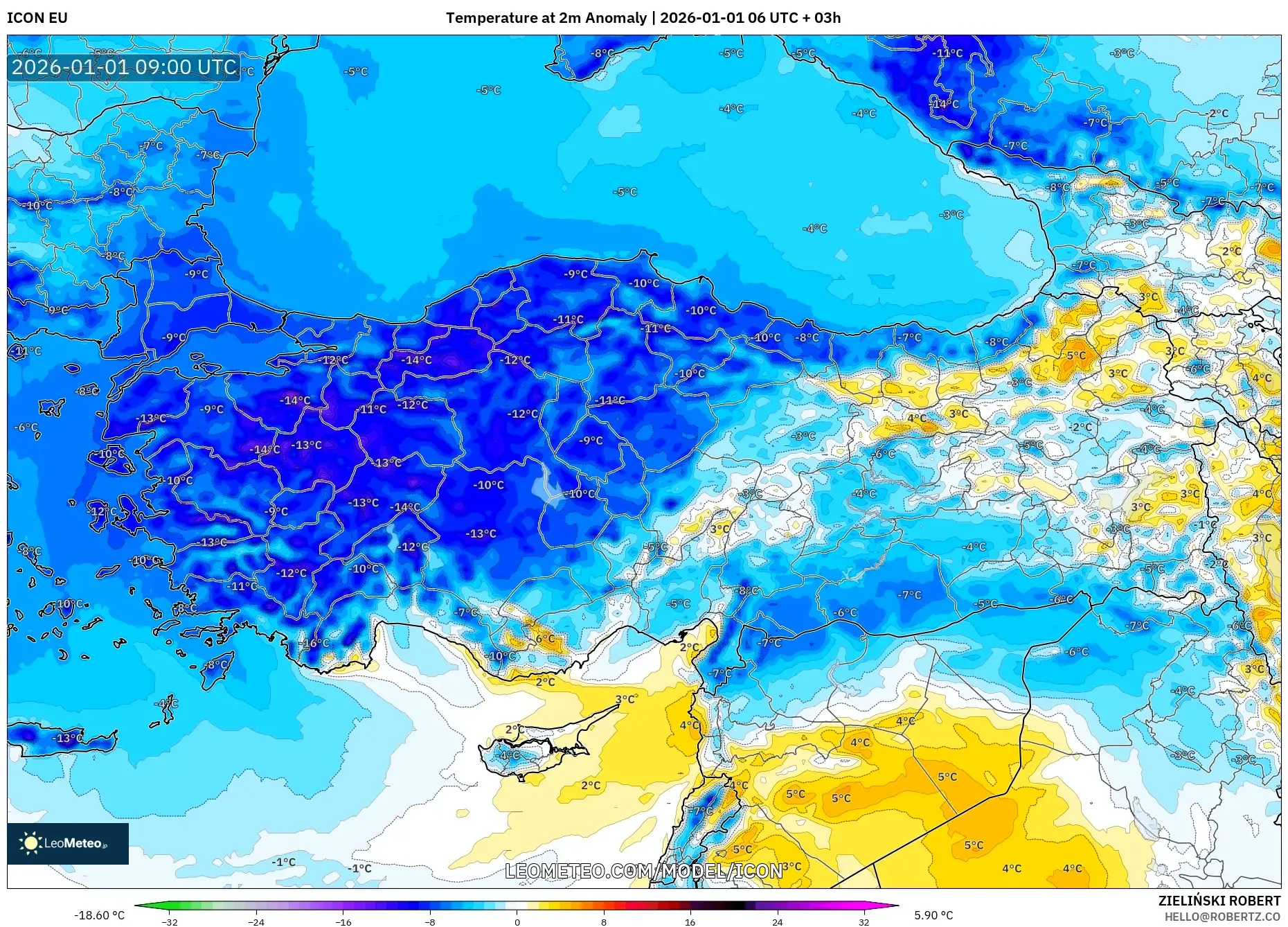 ICON model - Turkey, Temperature at 2m Anomaly