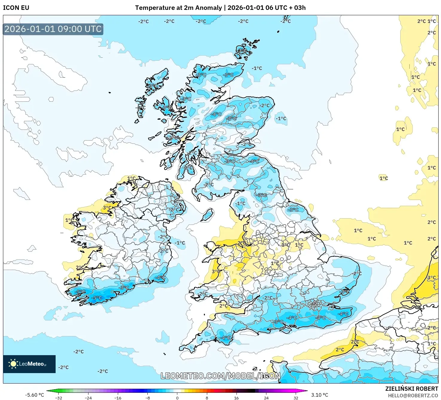 ICON model - United Kingdom, Temperature at 2m Anomaly