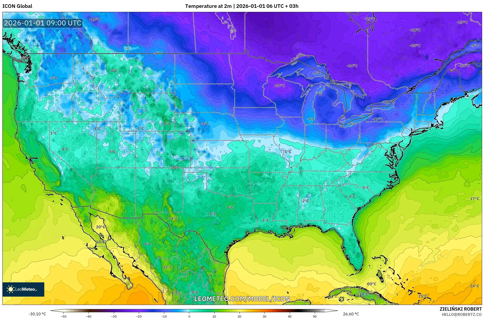 ICON model - United States, Temperature at 2m