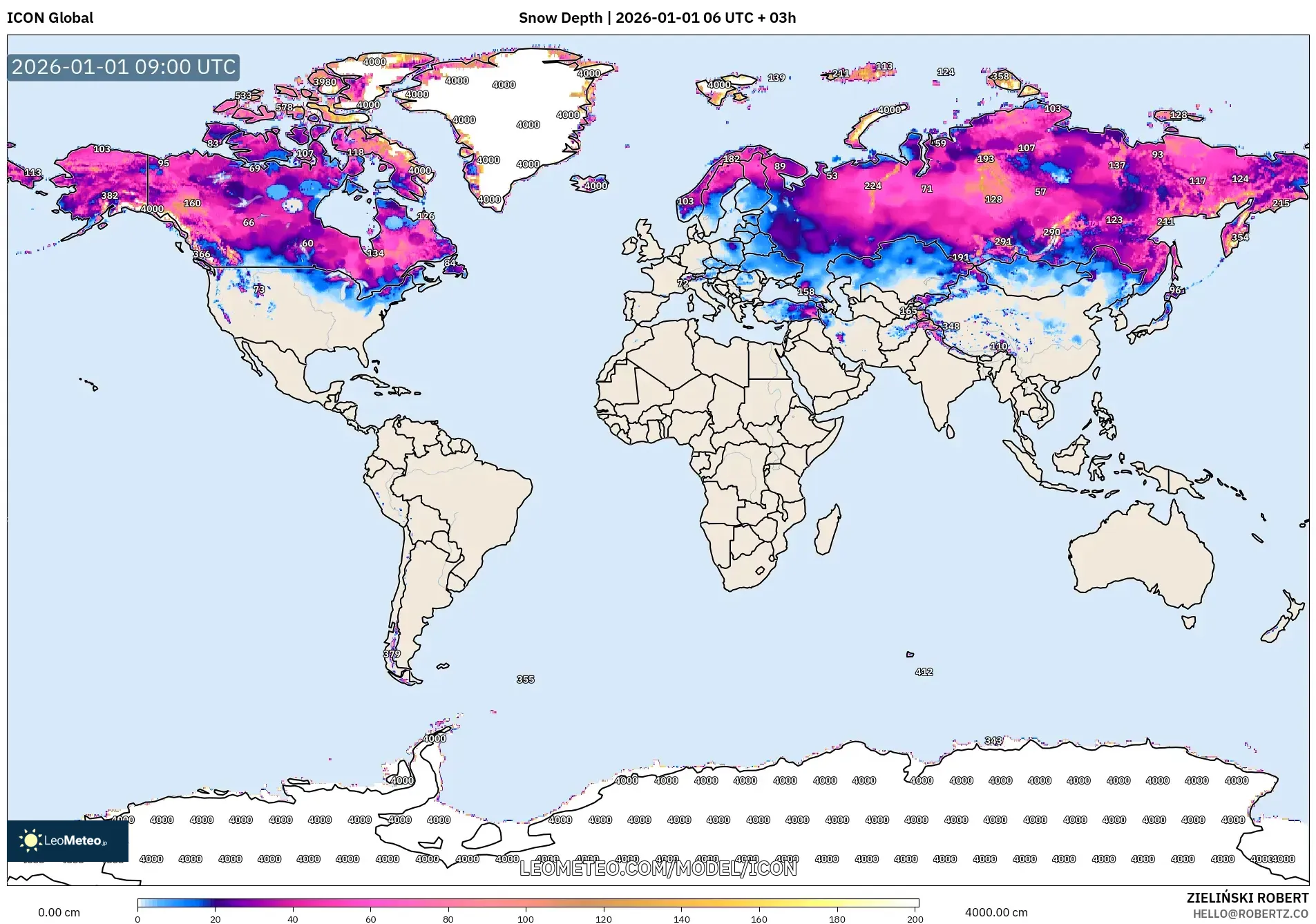 ICON model - World, Snow Depth