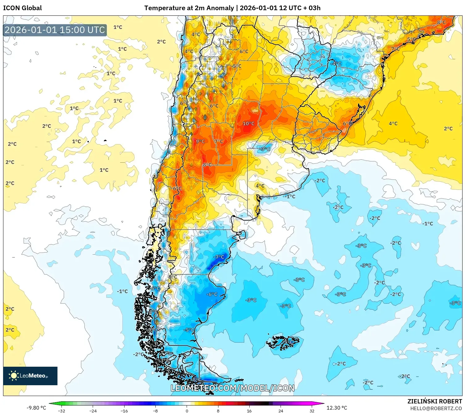 ICON model - Argentina, Temperature at 2m Anomaly