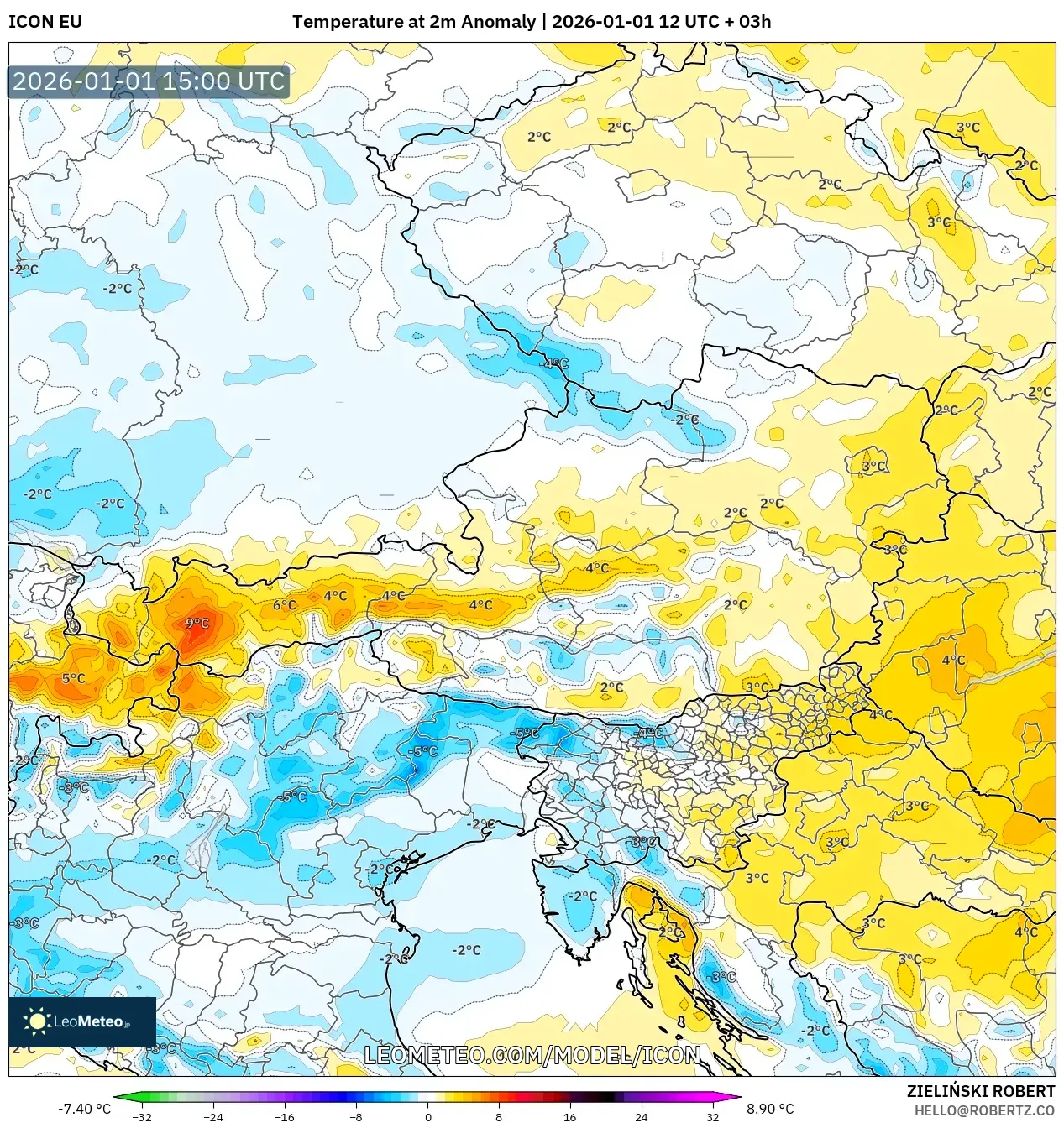 ICON model - Austria, Temperature at 2m Anomaly
