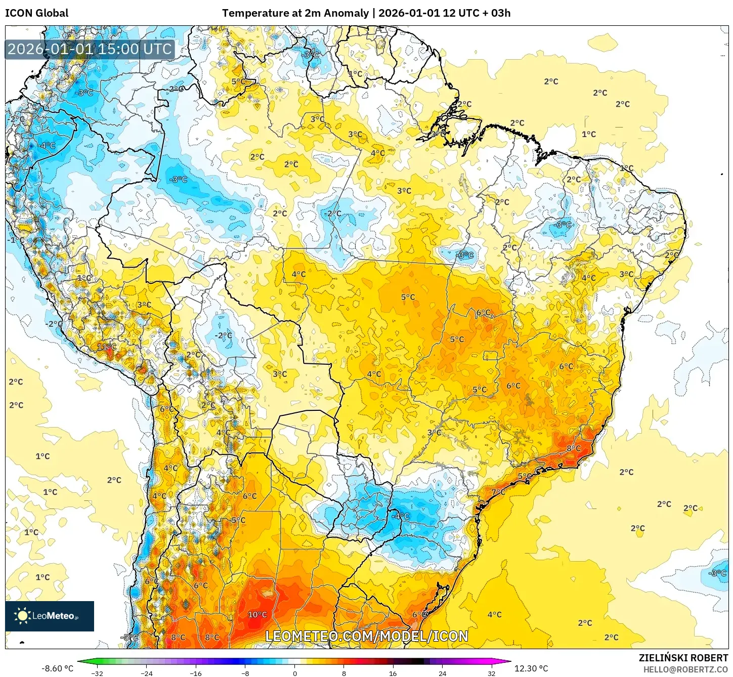 ICON model - Brazil, Temperature at 2m Anomaly