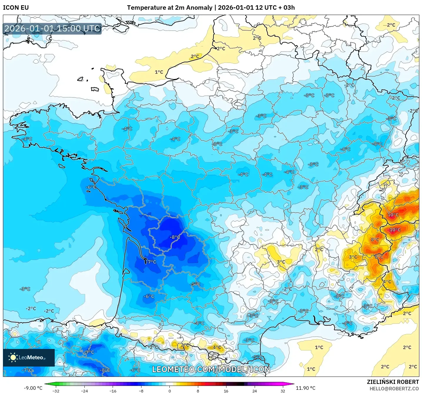 ICON model - France, Temperature at 2m Anomaly