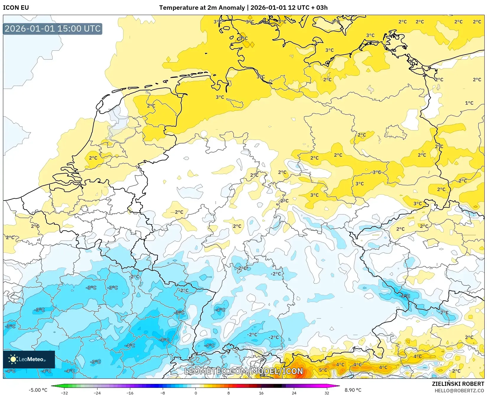 ICON model - Germany, Temperature at 2m Anomaly