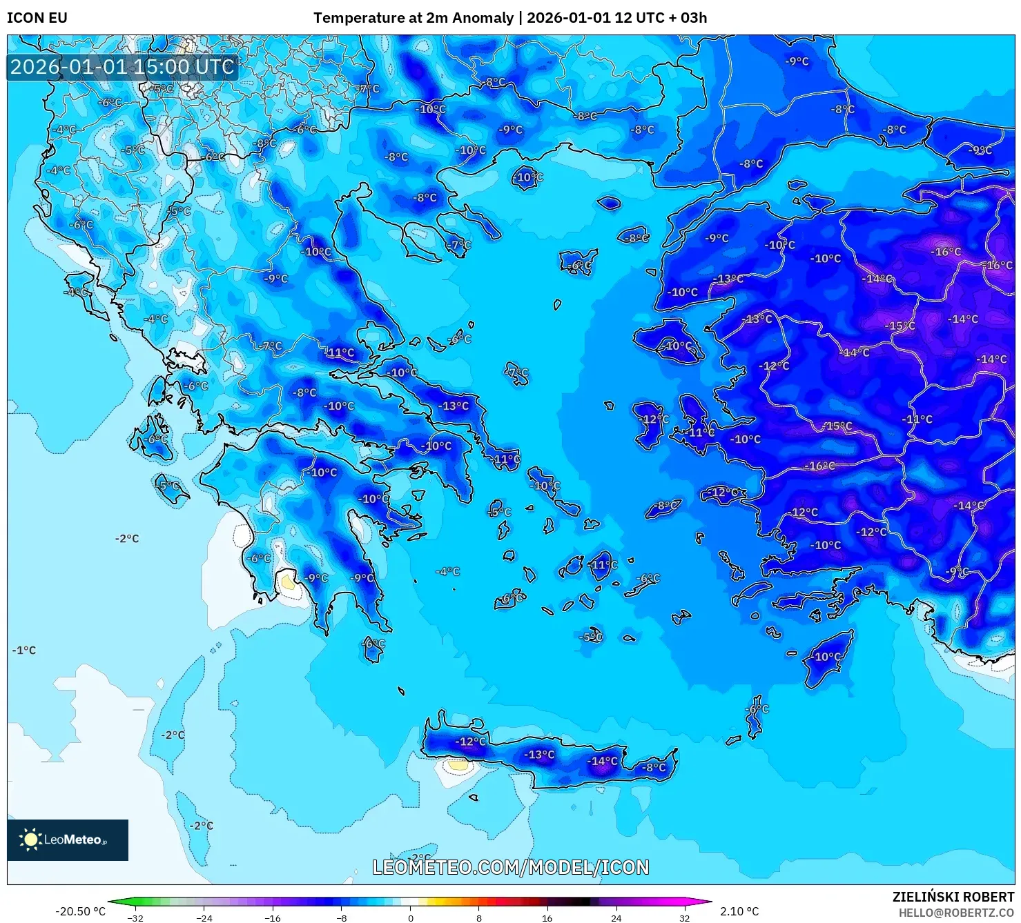 ICON model - Greece, Temperature at 2m Anomaly