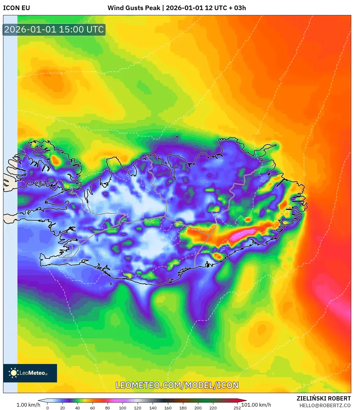 ICON model - Iceland, Wind Gusts Peak