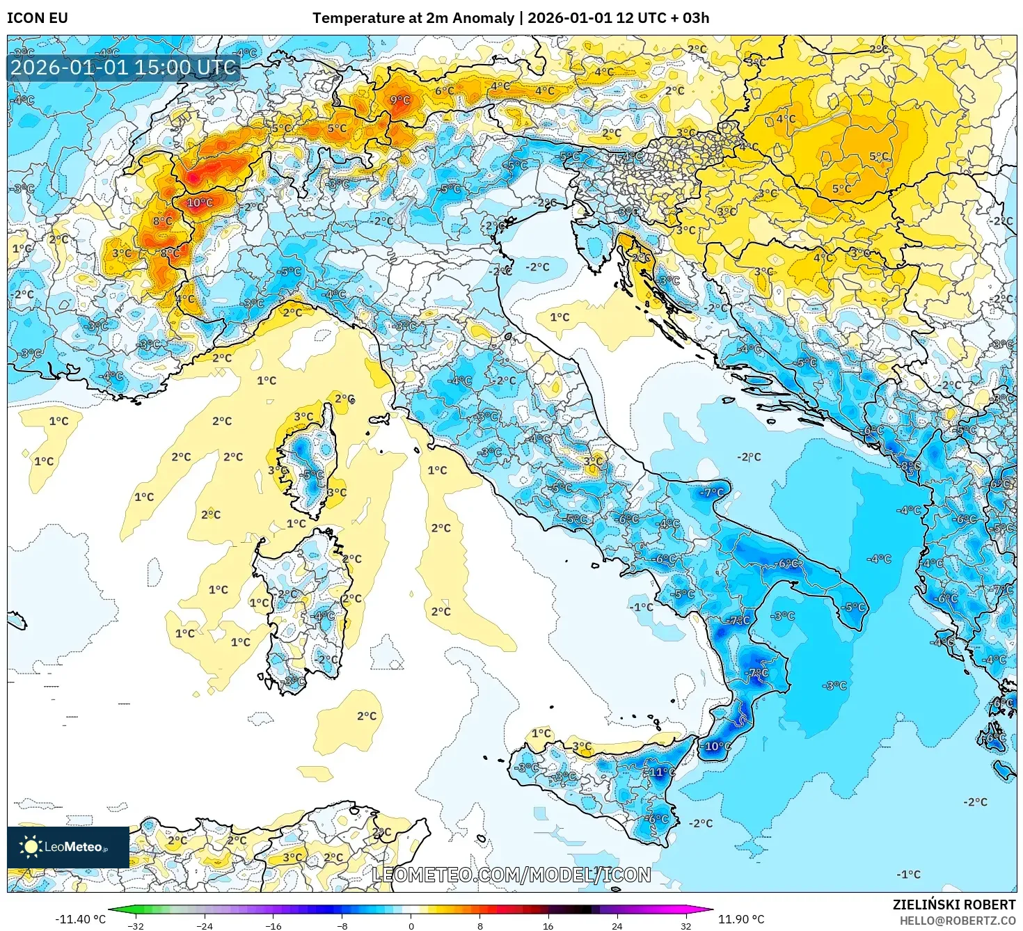ICON model - Italy, Temperature at 2m Anomaly