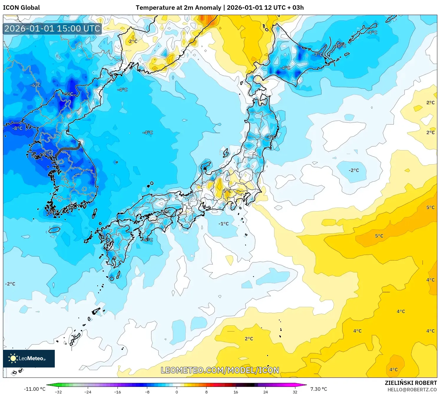 ICON model - Japan, Temperature at 2m Anomaly