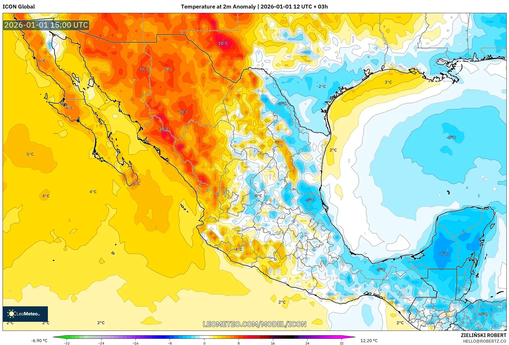 ICON model - Mexico, Temperature at 2m Anomaly